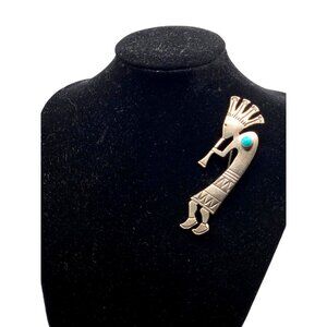 Vintage Sterling Silver Turquoise Kokopelli Brooch Indigenous 3" EP Marked